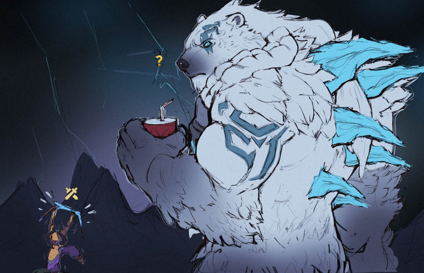 1boy 1girl ? angry arms_up bear_boy black_hair body_fur cup dark-skinned_female dark_skin disposable_cup drinking_straw fiora_(na1su) from_behind furry furry_male giant grey_fur highres holding holding_cup holding_weapon league_of_legends long_hair looking_at_another looking_down looking_to_the_side muscular muscular_male nilah_(league_of_legends) orange_shirt pants purple_pants shirt twintails volibear weapon white_fur
