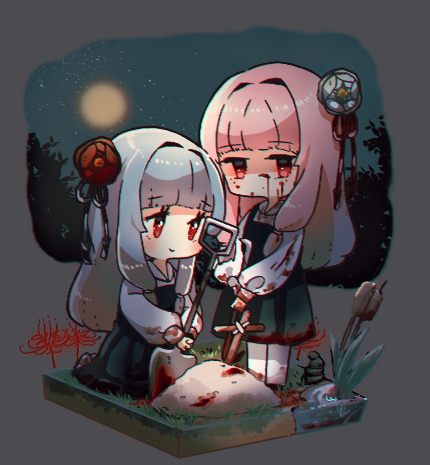 2girls absurdres black_dress blood blood_on_clothes blood_on_face blood_on_tool blood_splatter blue_flower blue_hair blue_ribbon blunt_bangs blush cattail chibi closed_mouth collared_shirt commentary_request cross dress expressionless faux_figurine flower full_moon grass grave grey_background hair_flower hair_intakes hair_ornament hair_ribbon highres kneeling kotonoha_akane kotonoha_aoi long_hair long_sleeves looking_at_another looking_at_viewer low_tied_sidelocks matching_outfits moon multiple_girls night night_sky own_hands_clasped own_hands_together oyasumi_makura pinafore_dress pink_hair plant puffy_long_sleeves puffy_sleeves red_eyes red_flower red_ribbon ribbon shirt shovel siblings sidelocks sisters sky sleeveless sleeveless_dress spider_lily standing upturned_eyes voiceroid water white_shirt