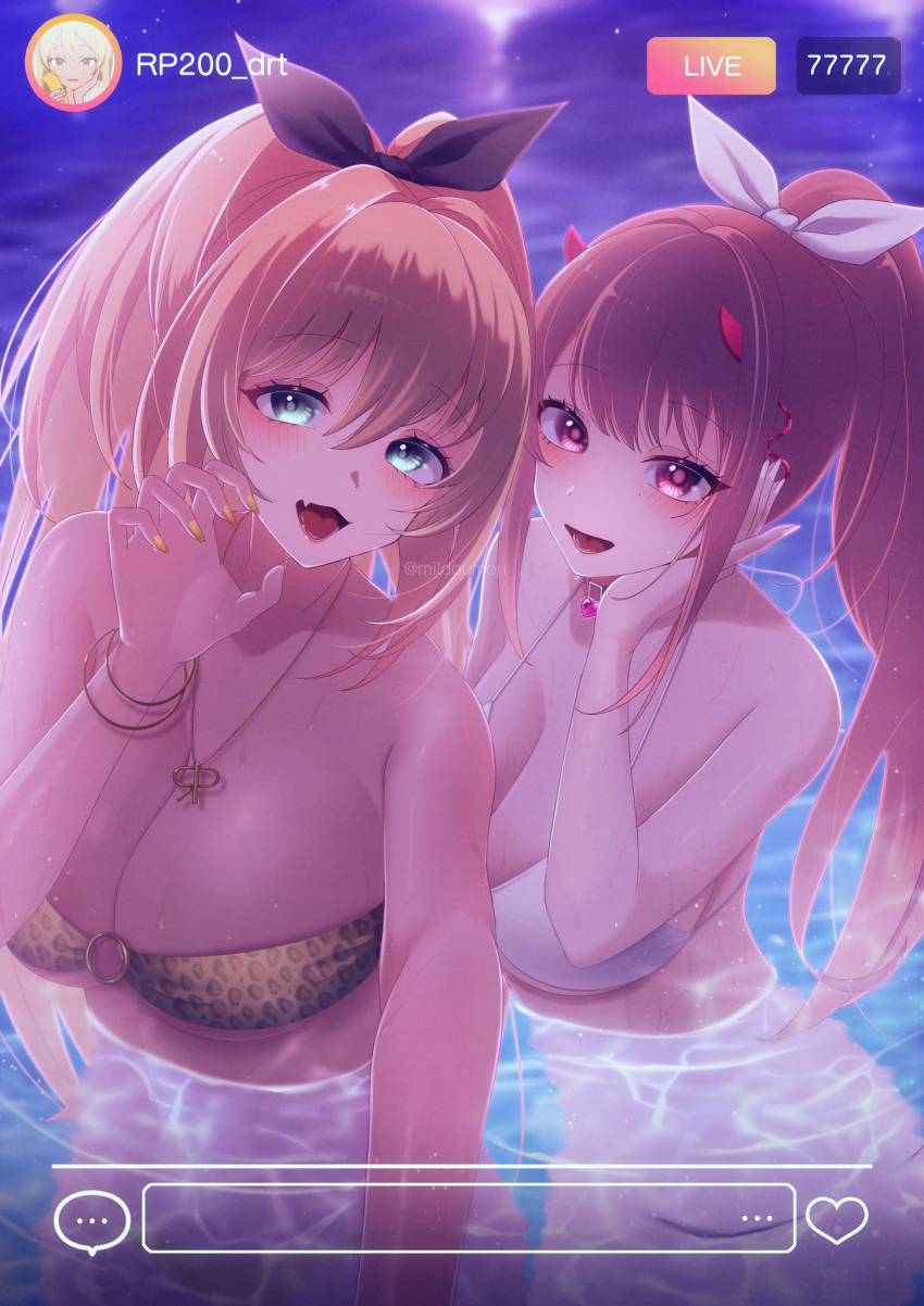 2girls animal_print bare_shoulders bikini blonde_hair blush bracelet breasts claw_pose cleavage fang front-tie_bikini_top front-tie_top goddess_of_victory:_nikke gold_nails green_eyes gyaru hair_intakes hair_ribbon hand_on_own_cheek hand_on_own_face heart_collar highres jewelry large_breasts leopard_print light_brown_hair long_hair milmil7 multiple_girls nail_polish necklace open_mouth partially_submerged pink_eyes pink_horns ponytail ribbon rupee_(nikke) skin_fang smile swimsuit twitter_username user_interface viper_(nikke) white_bikini white_nails