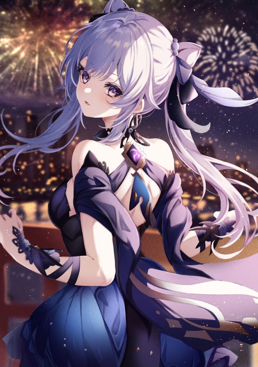 1girl absurdres aerial_fireworks back bare_shoulders blurry blurry_background cityscape commentary cone_hair_bun cowboy_shot double-parted_bangs double_bun eyelashes fireworks from_behind genshin_impact hair_between_eyes hair_bun half_updo head_tilt highres keqing_(genshin_impact) keqing_(opulent_splendor)_(genshin_impact) light_blush light_particles light_purple_hair long_hair looking_at_viewer looking_back night open_mouth parted_lips purple_eyes purple_hair sa-ya2 sidelocks smile solo standing twintails vision_(genshin_impact)