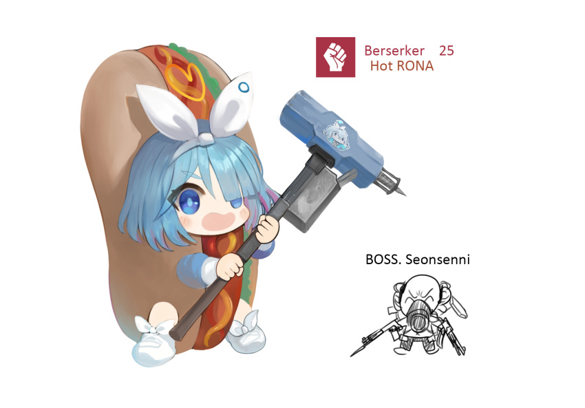 1boy 1girl arona_(blue_archive) bald blue_archive blue_eyes blue_hair blue_shirt blush_stickers character_request check_character chibi closed_eyes commentary_request dokomon doodle_inset dual_wielding gun hair_over_one_eye hair_ribbon hairband hammer highres holding holding_gun holding_hammer holding_weapon hot_dog_costume korean_commentary long_sleeves multicolored_hair open_mouth parody_request pink_hair puffy_long_sleeves puffy_sleeves ribbon sensei_(blue_archive) shirt shoes simple_background thick_eyebrows two-tone_hair v-shaped_eyebrows weapon white_background white_footwear white_hairband white_ribbon