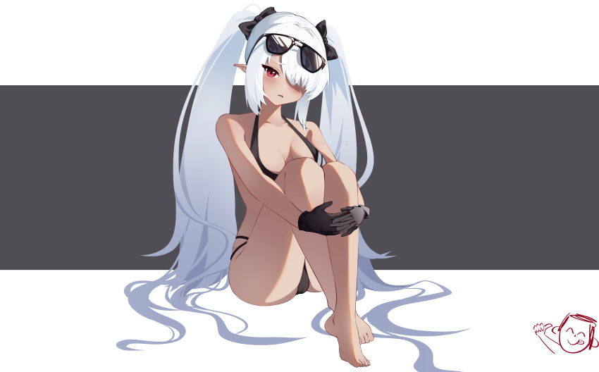 1girl absurdres arona's_sensei_doodle_(blue_archive) bare_arms bare_legs bare_shoulders barefoot bikini black_bikini black_gloves blue_archive blush breasts collarbone eyewear_on_head gloves grey_hair hair_over_one_eye highres iori_(blue_archive) iori_(swimsuit)_(blue_archive) leiroken long_hair medium_breasts official_alternate_costume open_mouth red_eyes sensei_(blue_archive) solo sunglasses swimsuit twintails
