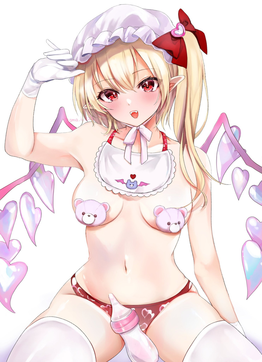1girl ama_i_zzz baby_bottle blonde_hair bottle breasts cleavage commentary crystal flandre_scarlet gloves hat heart highres looking_at_viewer medium_breasts mob_cap navel one_side_up open_mouth panties pasties pointy_ears red_eyes red_panties solo teeth thighhighs touhou underwear upper_teeth_only white_gloves white_headwear white_thighhighs wings