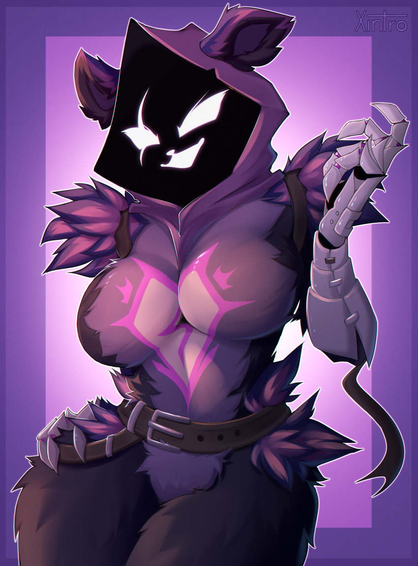 2023 absurd_res anthro bear breasts claws clothing digital_media_(artwork) epic_games eye_scar facial_scar female fortnite fur hi_res hood looking_at_viewer mammal metal_arm purple_body raven_team_leader scar simple_background smile solo thick_thighs ursine wide_hips xintro