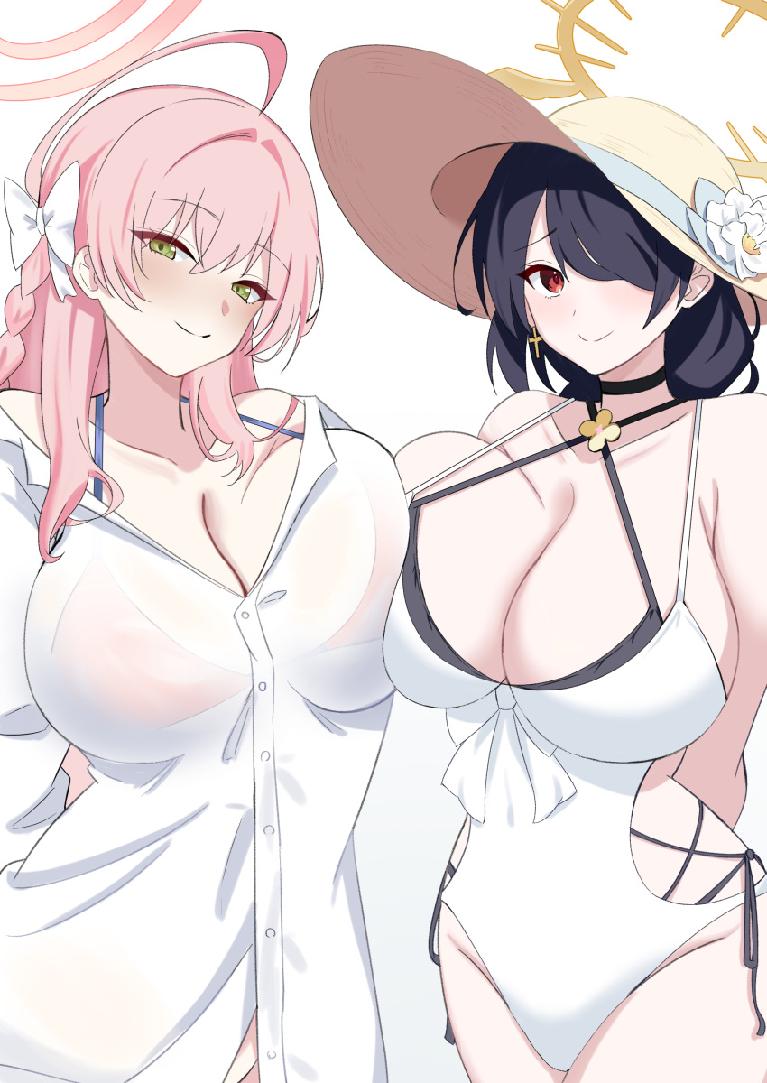 2girls 4uu_(radicalmp_head) absurdres ahoge arms_behind_back black_hair blue_archive bow breast_press breasts cleavage cross cross_earrings earrings green_eyes hair_bow hair_over_one_eye halo hanako_(blue_archive) hanako_(swimsuit)_(blue_archive) hat highres hinata_(blue_archive) hinata_(swimsuit)_(blue_archive) jewelry long_hair multiple_girls one-piece_swimsuit pink_hair red_eyes see-through see-through_shirt shirt sun_hat swimsuit symmetrical_docking white_background white_shirt white_swimcap