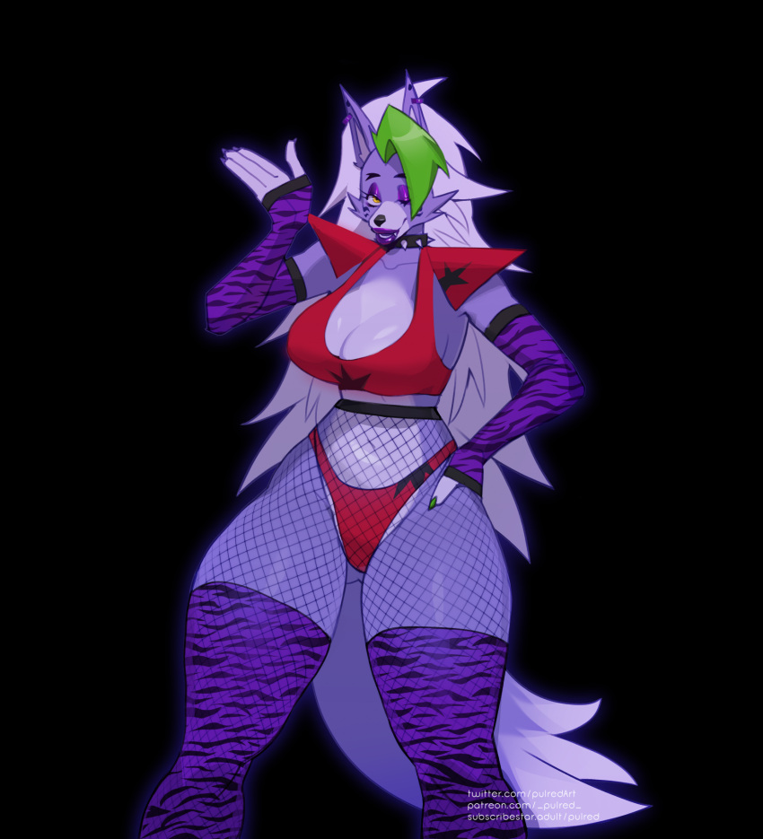 anthro armwear big_breasts breasts canid canine canis clothed clothing ear_piercing female fingers fishnet fishnet_clothing fishnet_legwear five_nights_at_freddy's five_nights_at_freddy's:_security_breach fur genitals green_hair green_highlights grey_body grey_fur grey_hair hair hi_res highlights_(coloring) legwear long_hair machine mammal pattern_armwear pattern_clothing pattern_legwear piercing pulred pupils roxanne_wolf_(fnaf) scottgames simple_background solo standing steel_wool_studios striped_armwear striped_clothing striped_legwear stripes tail thick_thighs white_hair white_pupils wide_hips wolf yellow_eyes