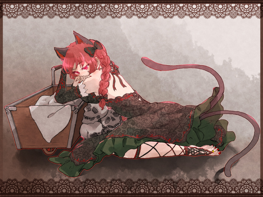 1girl animal_ears bare_back bow braid cat_ears cat_tail dress extra_ears fingernails fishnet_socks fishnets green_bow green_dress hair_bow kaenbyou_rin kneehighs kneeling lace-trimmed_dress lace_trim multiple_tails nail_polish nekomata partially_toeless_legwear r18ankou red_eyes red_hair red_nails sharp_fingernails skull socks solo tail toenail_polish toenails touhou twin_braids two_tails wheelbarrow