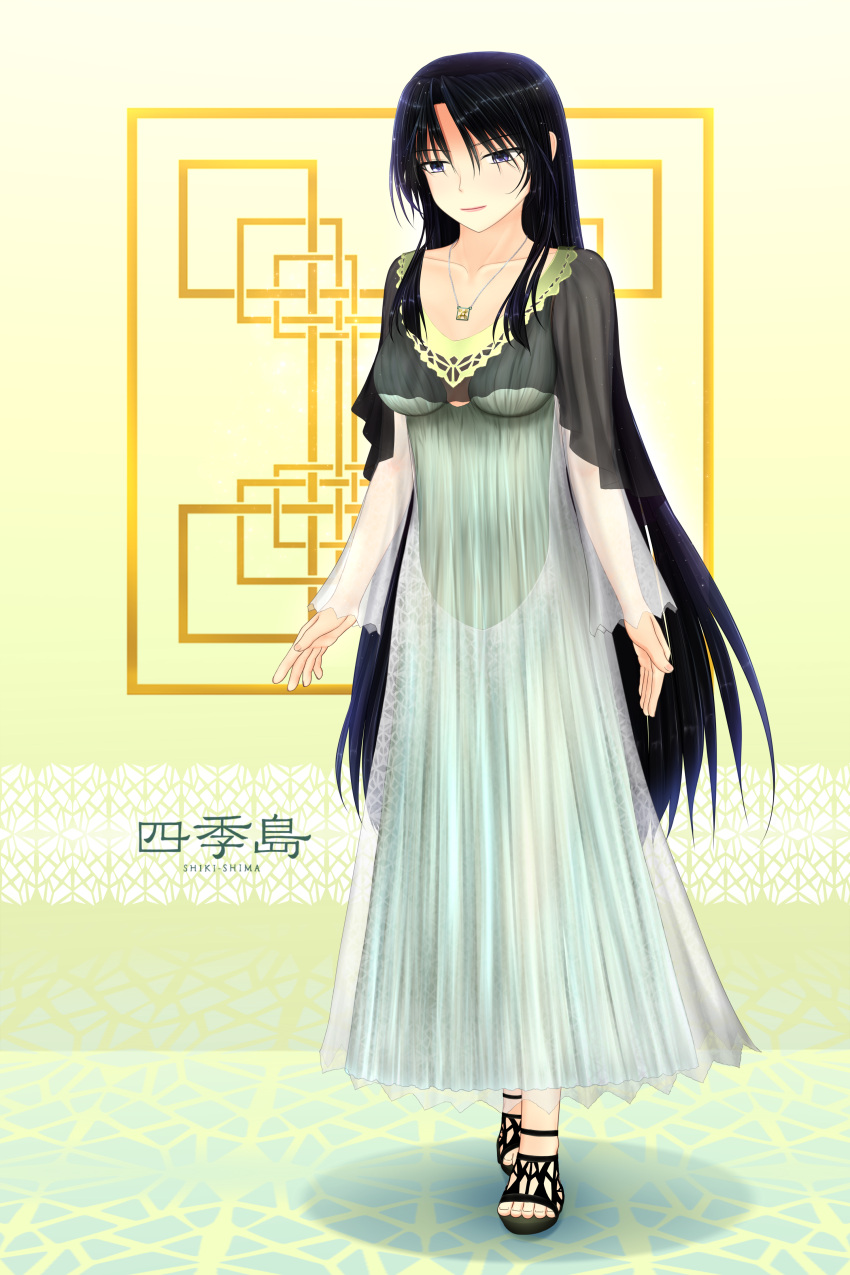 1girl absurdres black_footwear black_hair collarbone dress east_japan_railway_company english_text ground_vehicle highres japan_railways jewelry kanji logo long_hair necklace personification purple_eyes rene_(e311) solo toeless_footwear train train_suite_shiki-shima