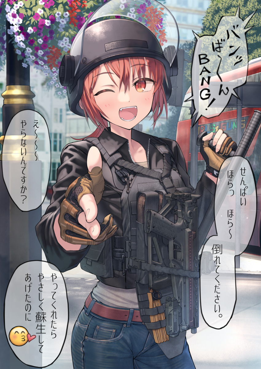 1girl :d baton_(weapon) combat_helmet denim fingerless_gloves gloves gun helmet highres jacket jeans kel-tec_p50 load_bearing_vest looking_at_viewer low_ponytail one_eye_closed orange_eyes original pants partially_fingerless_gloves pointing pointing_at_viewer red_hair samaru_(seiga) smile speech_bubble submachine_gun translation_request visor_lift weapon weapon_request