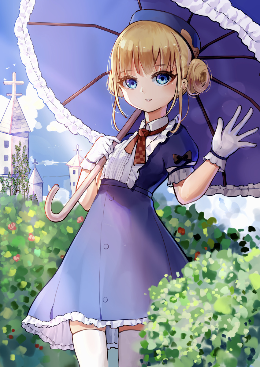 1girl absurdres alternate_costume azur_lane blonde_hair blue_eyes blue_headwear blue_sky bush center_frills chinese_commentary church cloud collared_dress commentary_request cross day dhy-232 double_bun dress frilled_dress frilled_sleeves frills gloves grin hair_bun hat highres le_triomphant_(azur_lane) looking_at_viewer neck_ribbon outdoors parasol red_ribbon ribbon short_hair short_sleeves sky smile solo standing sunlight thighhighs umbrella white_gloves white_thighhighs