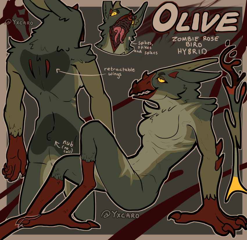 absurd_res anthro avian beak breasts claws gynomorph hi_res hybrid intersex juckxony model_sheet olive_juckxony plant solo thorns undead zombie