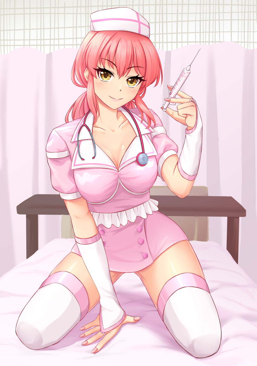 1girl absurdres bed breasts collarbone dress fingerless_gloves frills gloves hand_up hat highres holding holding_syringe idolmaster idolmaster_cinderella_girls jougasaki_mika kneeling large_breasts nail_polish nurse nurse_cap pink_dress pink_hair pink_nails pink_thighhighs shiny_skin solo syringe tanjunde thighhighs twintails white_thighhighs