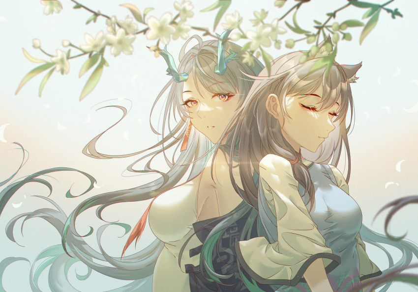 2girls absurdres animal_ear_fluff animal_ears arknights bare_shoulders black_hair blue_dress branch breasts closed_eyes closed_mouth commentary_request dawn_(arknights) dragon_horns dress dusk_(arknights) floating_hair flower highres horns innoarukugyou long_hair looking_at_viewer looking_to_the_side medium_breasts multiple_girls parted_bangs parted_lips red_eyes short_sleeves sleeveless sleeveless_dress upper_body very_long_hair white_dress white_flower wide_sleeves
