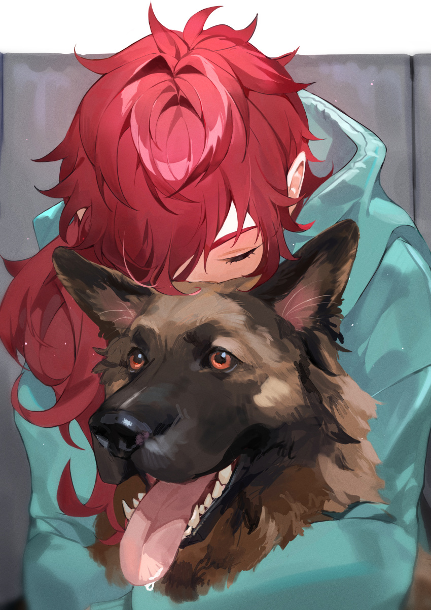 1boy absurdres animal_hug black_hair clip_studio_paint_(medium) closed_eyes commentary covered_mouth dog facing_viewer fangs green_hoodie hair_over_one_eye highres hood hood_down hoodie lauren_iroas leaning_forward long_hair long_sleeves male_focus moko_(moko/moko) nijisanji one_eye_covered orange_eyes red_hair saliva solo upper_body virtual_youtuber