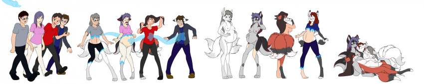 absurd_res anthro black_body black_fur breast_growth breasts brown_hair canid canine clothed clothing colored cuddling female fox fur gender_transformation genitals grey_body grey_fur grey_hair group growth hair hair_growth hands_on_stomach happy hi_res long_hair long_image lying magic male mammal medium_breasts mtf_transformation multi_tail nipples nude orange_body orange_fur possession pregnant pregnant_female purple_hair pussy rapid_pregnancy red_hair sequence sleeping species_transformation surprised_expression tail tail_growth tomek1000 torn_clothing transformation white_body white_fur wide_image