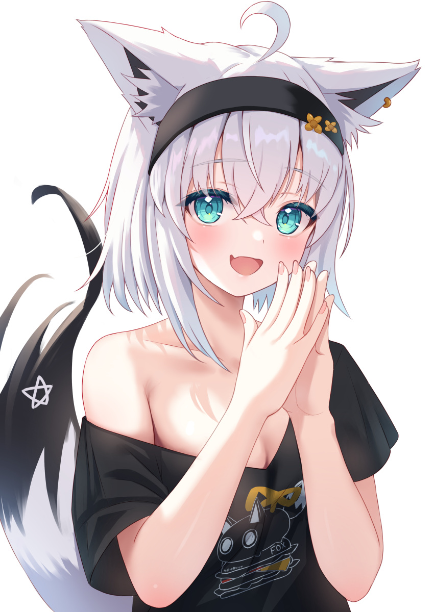 1girl :d absurdres ahoge animal_ears black_headband black_shirt blue_eyes blush breasts cleavage commentary_request fang fox_ears fox_girl fox_tail headband highres hololive looking_at_viewer official_alternate_costume open_mouth own_hands_together revision shirakami_fubuki shirakami_fubuki_(7th_costume) shirt short_hair skin_fang small_breasts smile solo tail togemaru34 virtual_youtuber white_background white_hair