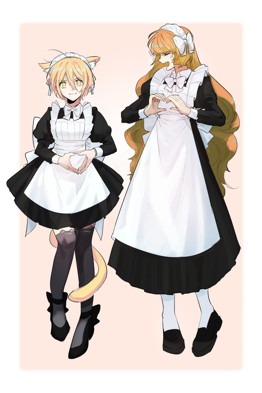 2girls absurdres alternate_costume anger_vein animal_ear_fluff animal_ear_legwear animal_ears apron back_bow black_dress black_footwear black_thighhighs blonde_hair bow cat_ear_legwear cat_ears cat_tail closed_eyes closed_mouth collared_dress don_quixote_(limbus_company) dress enmaided footwear_bow freckles frilled_apron frills full_body hair_between_eyes heart heart_hands highres ishmael_(limbus_company) juliet_sleeves kemonomimi_mode korean_commentary limbus_company loafers long_dress long_hair long_sleeves looking_at_viewer maid maid_headdress multiple_girls open_mouth orange_eyes project_moon puffy_sleeves shoes short_hair simple_background smile socks standing tail thighhighs very_long_hair vvindyday white_apron white_bow white_socks yellow_eyes