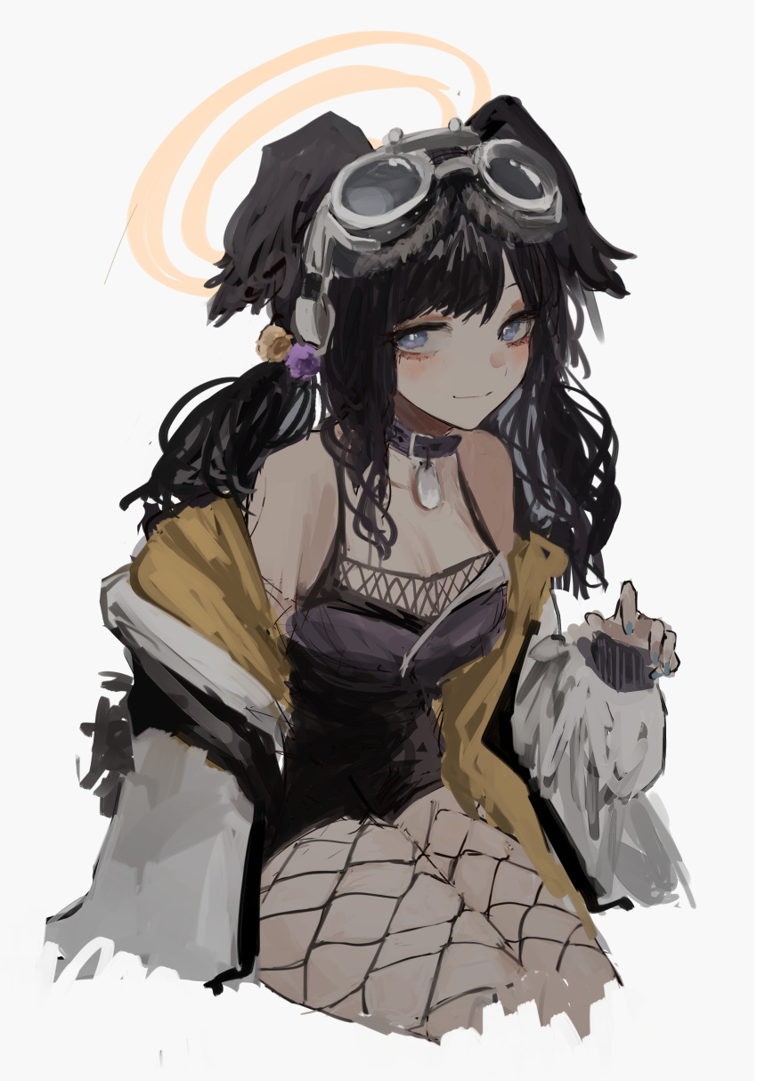 1girl absurdres animal_ears black_hair blue_archive blue_eyes blue_nails breasts closed_mouth collar dog_ears dog_tags fishnet_pantyhose fishnets goggles goggles_on_head hair_bobbles hair_ornament halo hibiki_(blue_archive) highres jacket long_hair looking_at_viewer nail_polish off_shoulder open_clothes open_jacket pantyhose pikuson simple_background smile solo twintails white_background
