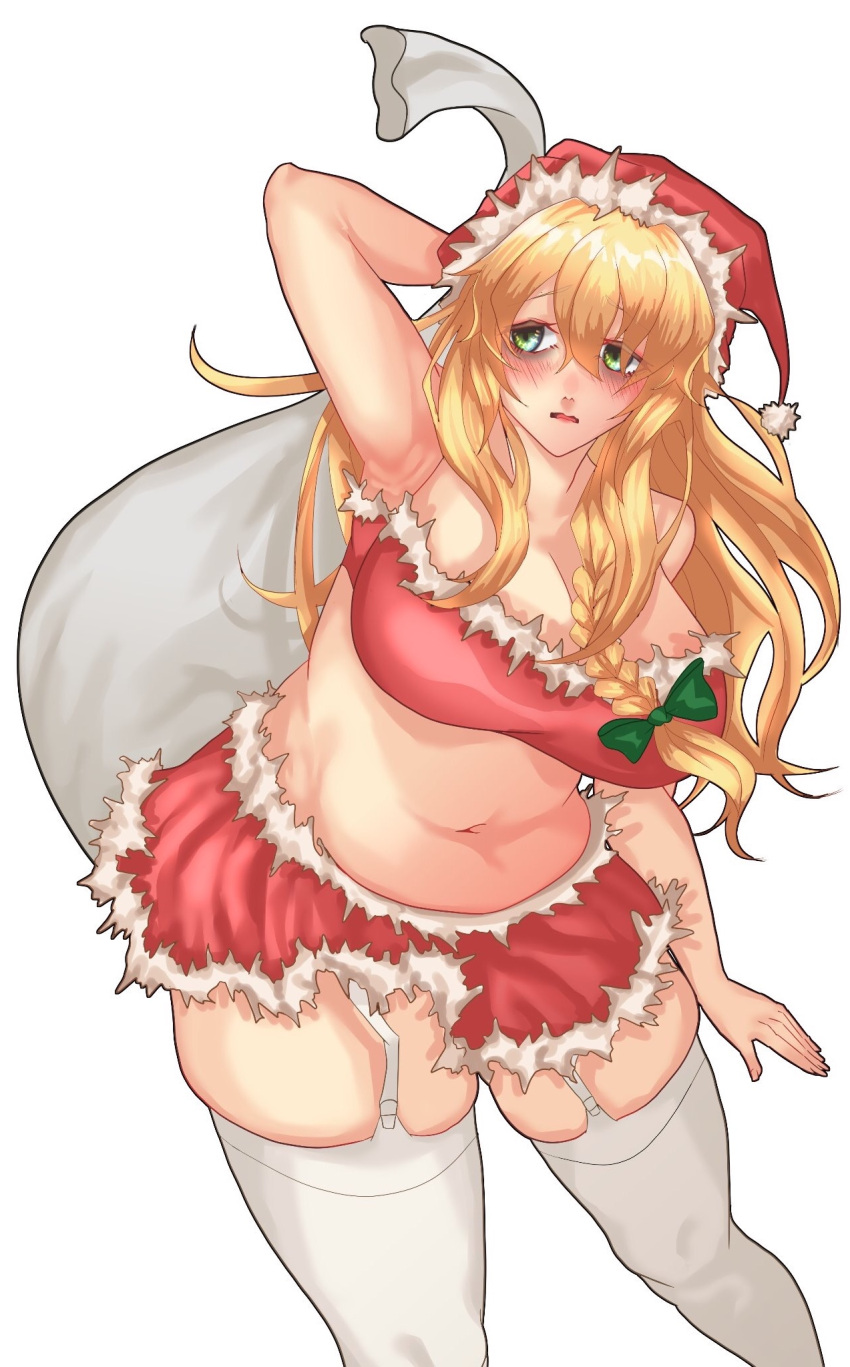 1girl armpits bags_under_eyes blush bow braid breasts cleavage commentary_request cookie_(touhou) feet_out_of_frame fur-trimmed_headwear fur-trimmed_skirt fur_trim garter_straps green_bow green_eyes hair_between_eyes hair_bow hat highres holding holding_sack kirisame_marisa large_breasts long_bangs long_hair looking_afar looking_to_the_side mars_(cookie) muffin_top navel open_mouth plump red_headwear red_skirt sack santa_hat shinanaki side_braid simple_background single_braid skirt solo thighhighs touhou white_background white_thighhighs
