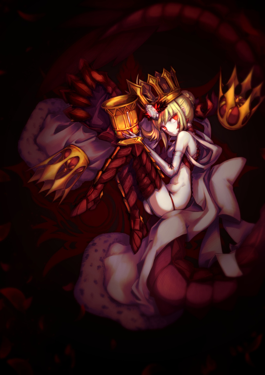 1girl absurdres armored_legwear black_background blonde_hair braid braided_bun breasts crown dragon_claw dragon_tail expressionless fate/grand_order fate_(series) full_body glowing glowing_eyes hair_bun highres holy_grail_(fate) kanbara_erika looking_at_viewer nero_claudius_(fate) queen_draco_(fate) queen_draco_(second_ascension)_(fate) red_eyes robe small_breasts solo tail white_robe