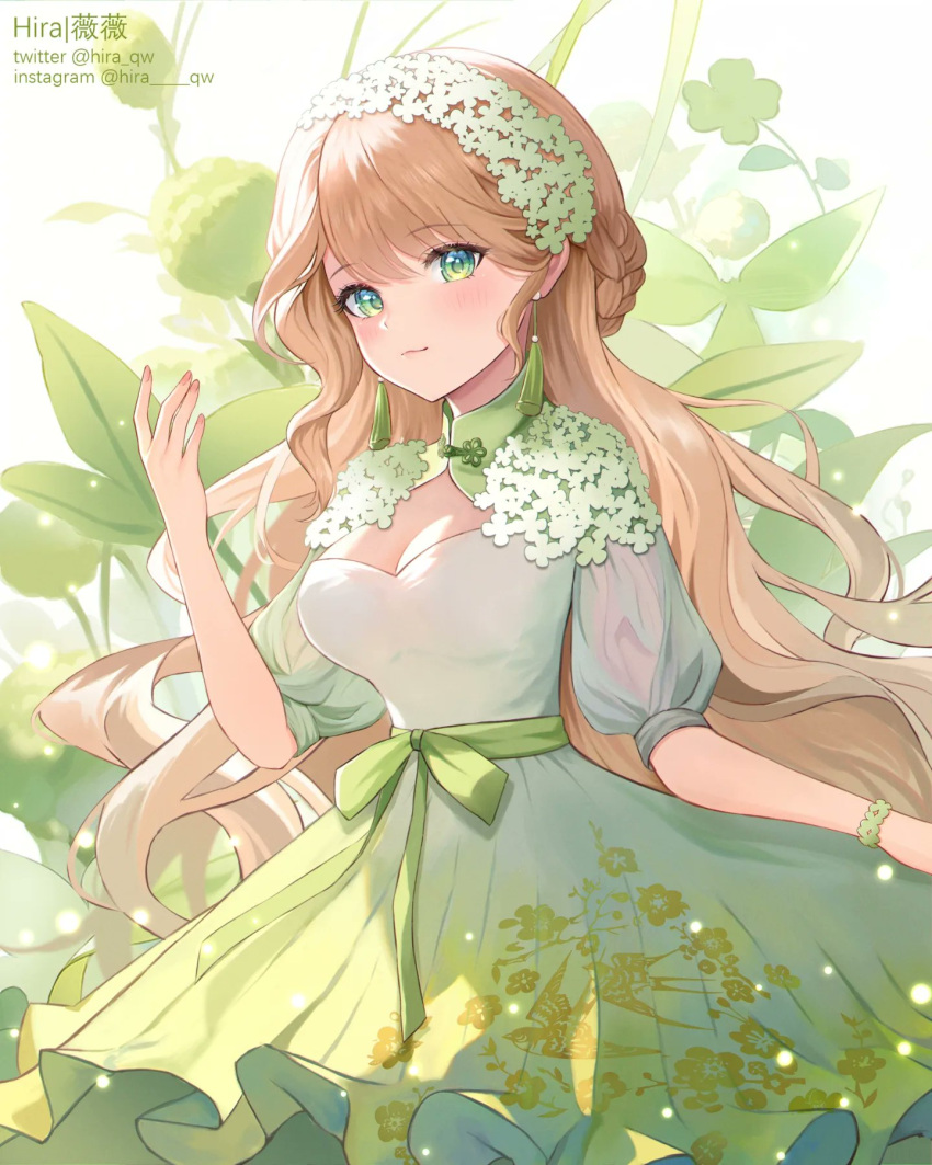 1girl artist_name clover dress folded_braid four-leaf_clover green_dress green_eyes green_sash highres hira_qw instagram_username leaf light_brown_hair long_hair mandarin_collar original sash solo twitter_username