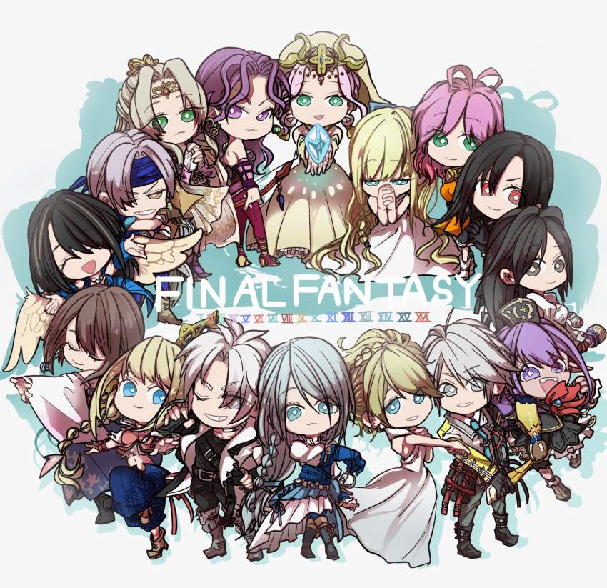 3boys 6+girls aqua_necktie black_hair black_headwear blonde_hair blue_eyes blue_headband braid brown_eyes brown_hair chibi closed_eyes closed_mouth commentary_request copyright_name crown_braid crystal dress earrings feathered_wings final_fantasy final_fantasy_i final_fantasy_ii final_fantasy_iii final_fantasy_iv final_fantasy_ix final_fantasy_v final_fantasy_vi final_fantasy_vii final_fantasy_viii final_fantasy_x final_fantasy_xi final_fantasy_xii final_fantasy_xiii final_fantasy_xiv final_fantasy_xv final_fantasy_xvi full_body garnet_til_alexandros_xvii gloves green_eyes grey_eyes grey_hair headband highres hope_estheim jacket jewelry jill_warrick lenna_charlotte_tycoon locke_cole long_hair looking_at_viewer lunafreya_nox_fleuret maria_(ff2) medium_hair multiple_boys multiple_girls necktie open_clothes open_jacket open_mouth orange_dress oshibainoticket own_hands_together parted_bangs penelo pink_eyes pink_hair praying princess princess_sarah prishe purple_eyes purple_hair red_eyes rinoa_heartilly rosa_farrell sara_altney short_hair single_braid swept_bangs thancred_waters tiara tifa_lockhart white_dress white_jacket wings yellow_dress yuna_(ff10)