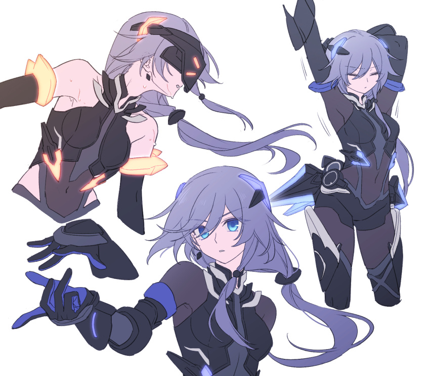 black_bodysuit black_gloves blue_eyes blue_hair bodysuit closed_mouth fu_hua fu_hua_(shadow_knight) gloves grey_hair hair_between_eyes highres honkai_(series) honkai_impact_3rd long_hair low_ponytail mask ponytail power_suit sleeveless sleeveless_bodysuit zhaonan