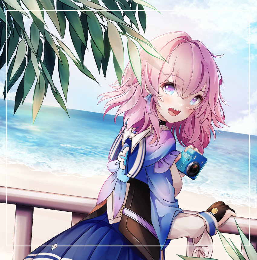 1girl absurdres archery_shooting_glove beach black_choker black_gloves blue_eyes blue_jacket blue_skirt blue_sky camera choker cloud cloudy_sky commentary cowboy_shot day flower_ornament from_behind gloves hair_between_eyes hand_on_railing highres holding holding_camera honkai:_star_rail honkai_(series) jacket long_sleeves looking_at_viewer looking_back march_7th_(honkai:_star_rail) medium_hair milavana ocean open_mouth outdoors partially_fingerless_gloves pink_eyes pink_hair pleated_skirt railing shirt shore single_glove skirt sky smile solo standing tied_jacket two-tone_eyes water white_shirt