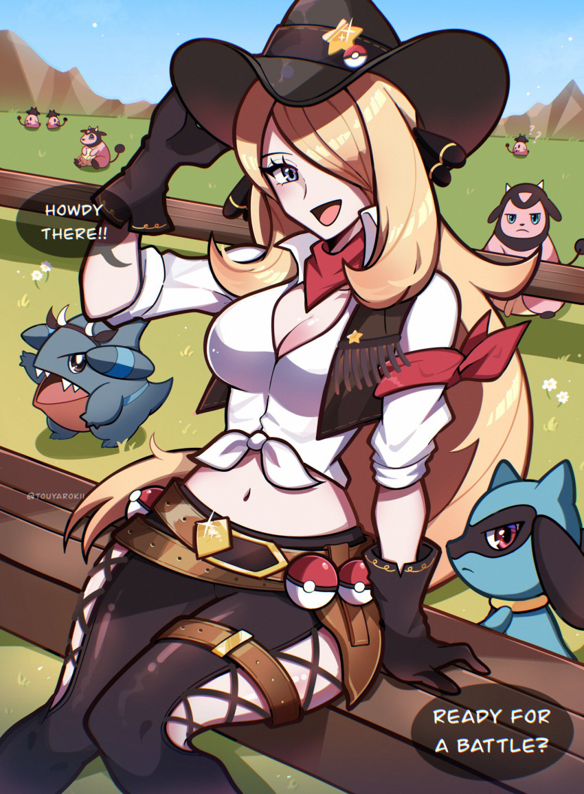 ambiguous_gender anthro badge bandanna belt big_breasts black_nose blonde_hair blue_body blue_fur bottomwear bovid bovine breasts brown_belt brown_bottomwear brown_clothing brown_hat brown_headwear brown_pants canid canine cleavage clothed clothing cowboy_hat cowboy_outfit cynthia_(pokemon) digital_media_(artwork) english_text fake_horns female fingers flower frown fur generation_2_pokemon generation_4_pokemon gible gloves grass group hair handwear hat headgear headwear hi_res horn human kerchief legwear long_hair looking_at_viewer mammal midriff miltank navel nintendo open_mouth open_smile outside pants pink_body pink_fur plant pokeball pokemon pokemon_(species) pokemon_champion question_mark rear_view red_eyes riolu sharp_teeth shirt sitting smile speech_bubble star tail teats teeth text tongue topwear touyarokii udders vest white_clothing white_shirt white_topwear