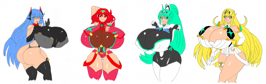 4girls absurdres alternate_breast_size ass blonde_hair blue_hair bodysuit breasts cleavage dress gigantic_breasts green_hair highres huge_ass huge_breasts large_breasts leotard long_hair looking_at_viewer multiple_girls mythra_(xenoblade) panties pneuma_(xenoblade) poppi_(xenoblade) pyra_(xenoblade) red_hair shirt short_dress skin_tight thick_thighs thighs thong tight_clothes tight_shirt underwear very_long_hair wide_hips xenoblade_chronicles_(series) xenoblade_chronicles_2