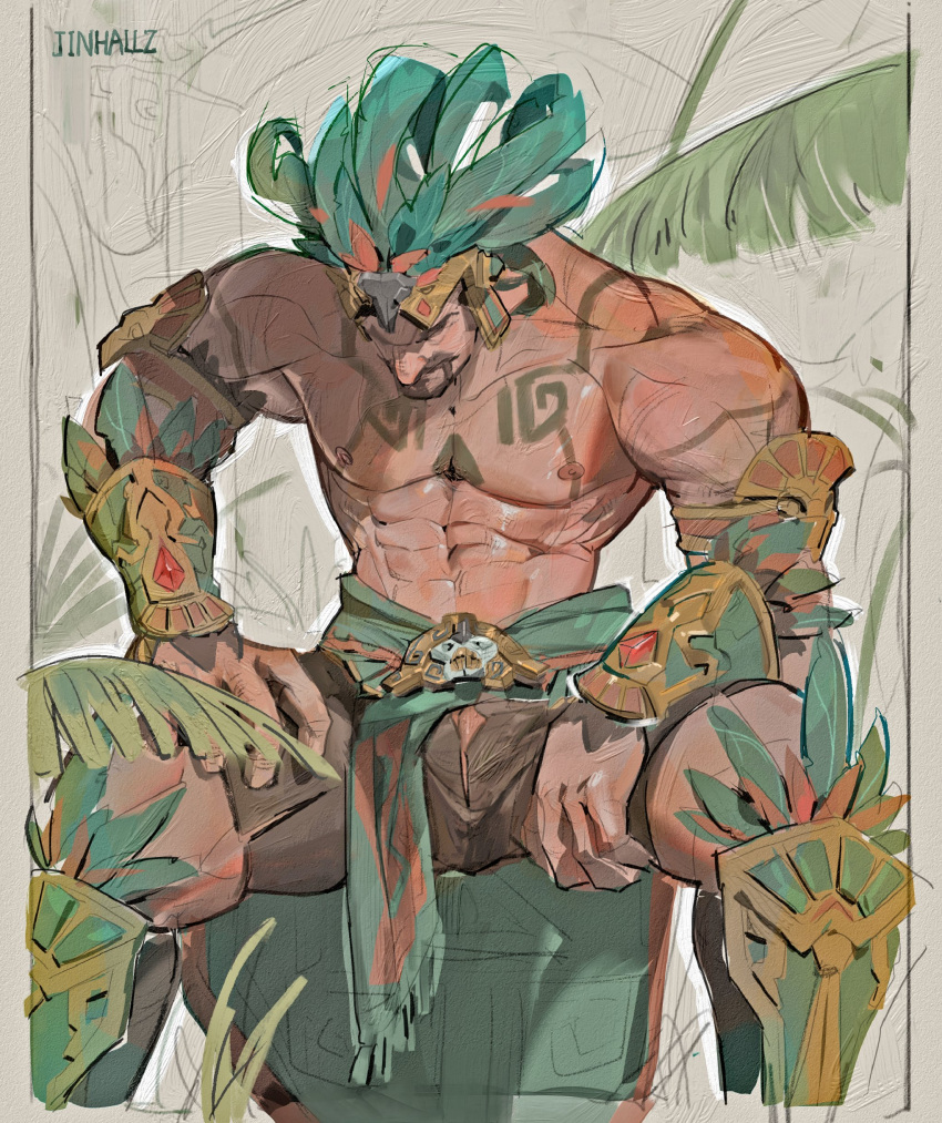 1boy abs absurdres armor artist_name bara beard facial_hair greaves headdress highres jinhallz male_focus muscular muscular_male overwatch overwatch_2 palm_tree pectorals reaper_(overwatch) sitting tattoo tree tribal vambraces