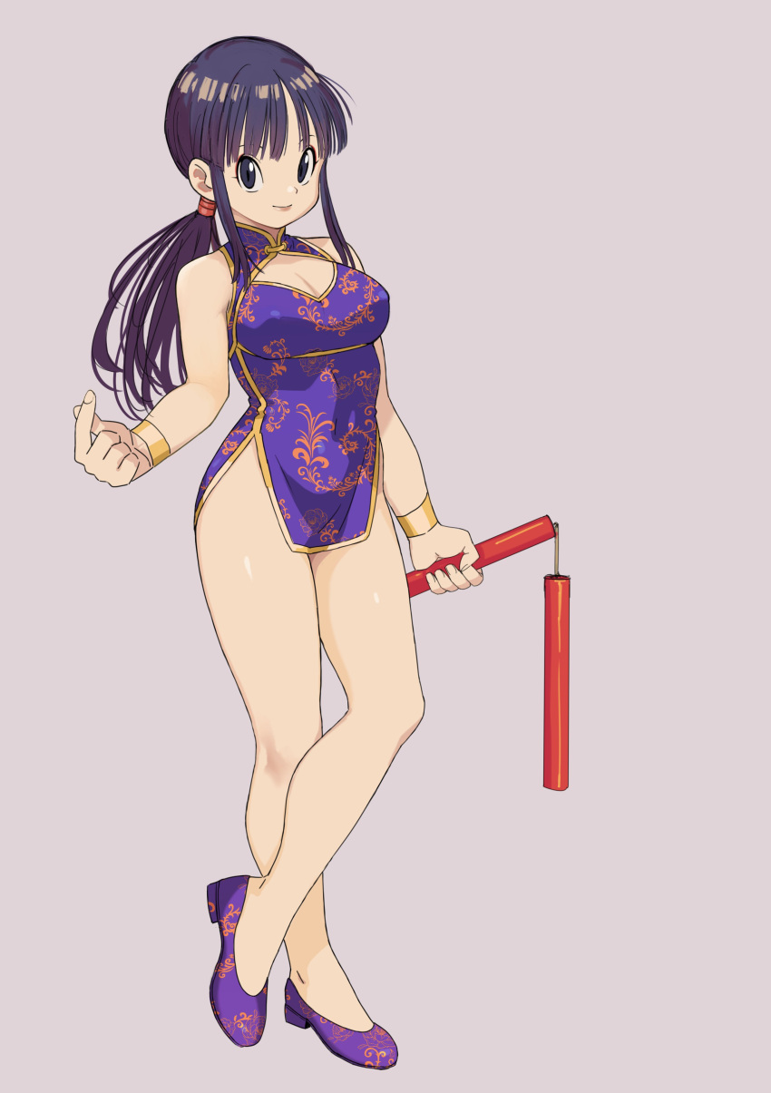 1girl absurdres alternate_costume bare_legs black_eyes black_hair breasts chi-chi_(dragon_ball) chinese_clothes cleavage_cutout closed_mouth clothing_cutout commentary_request dragon_ball full_body highres holding holding_nunchaku holding_weapon long_hair medium_breasts nunchaku rokoido12 simple_background smile solo standing weapon wristband