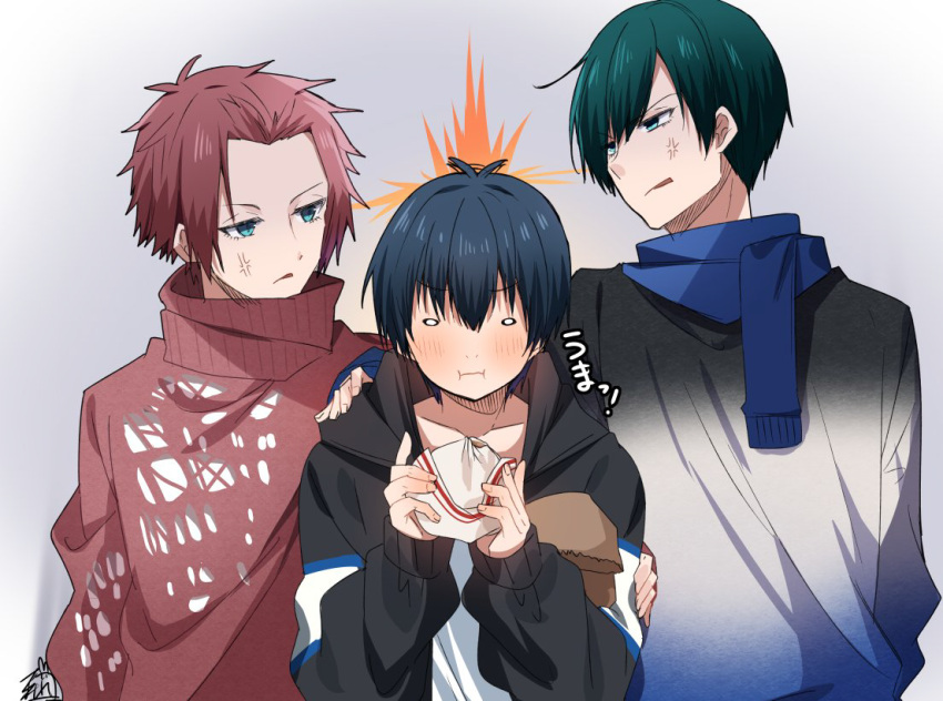 3boys :i afterimage antenna_hair baozi black_hair black_jacket black_shirt blue_eyes blue_lock blue_scarf blush brown_hair brown_sweater character_request closed_mouth collarbone eating expressive_hair food forehead fringe_trim gradient_background green_eyes green_hair grey_background grey_shirt hair_between_eyes holding holding_food hood hood_down hooded_jacket isagi_yoichi itoshiki_rin jacket long_sleeves male_focus multiple_boys omuretsu open_clothes open_jacket parted_bangs puffy_long_sleeves puffy_sleeves scarf shirt signature sleeves_past_wrists sweater turtleneck turtleneck_sweater upper_body white_background white_shirt