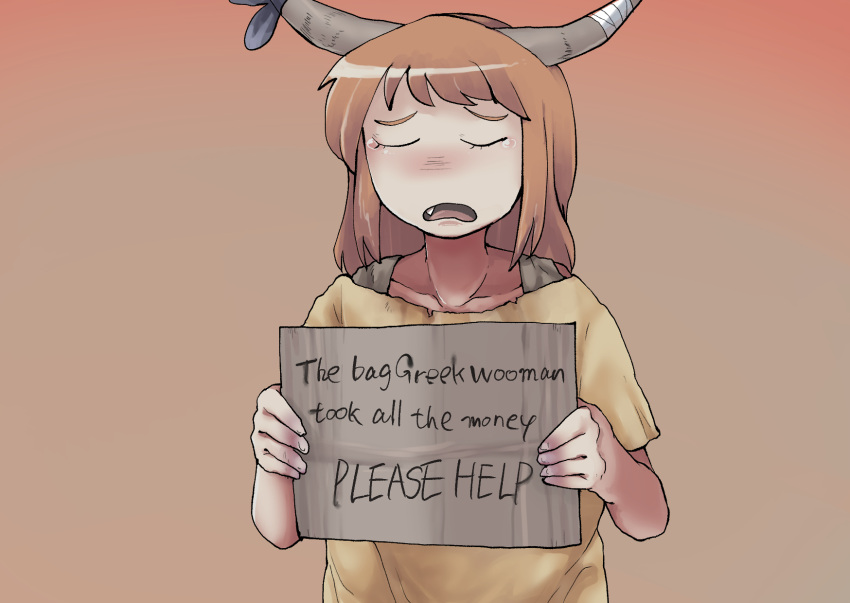 1girl bandaged_horn brown_background brown_hair brown_horns closed_eyes comfy_(cookie) commentary_request cookie_(touhou) english_text fang fingernails fuka_(kantoku) gradient_background highres holding holding_sign horns ibuki_suika long_hair open_mouth shirt short_bangs short_sleeves sign solo tearing_up touhou typo upper_body yellow_shirt