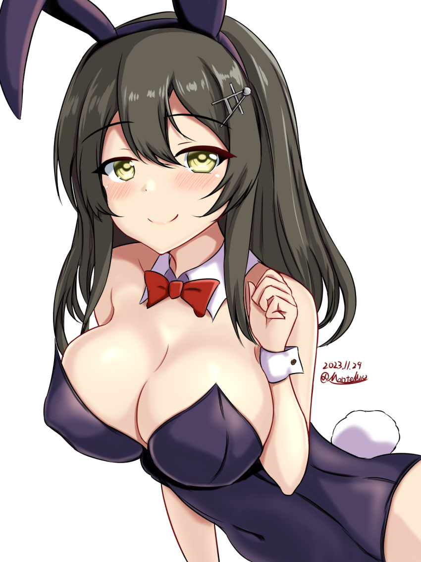 1girl animal_ears bare_shoulders black_hair black_leotard blush bow bowtie breasts brown_eyes cleavage covered_navel cowboy_shot detached_collar fake_animal_ears hair_ornament hairclip highres kantai_collection large_breasts leotard long_hair looking_at_viewer montemasa oyashio_(kancolle) playboy_bunny rabbit_ears rabbit_tail smile solo strapless strapless_leotard tail traditional_bowtie wrist_cuffs