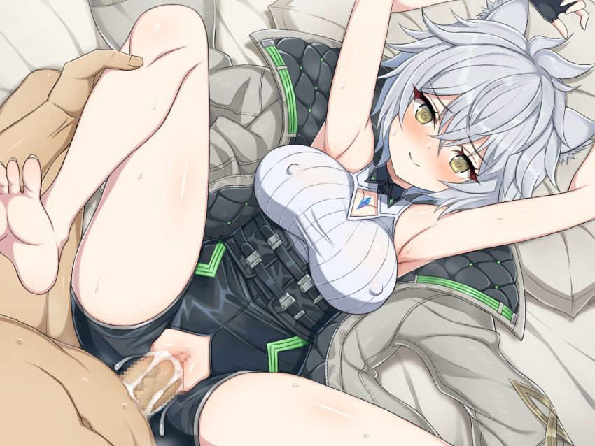 1girl animal_ears arm_up armpits bare_legs barefoot blush breasts cat_ears cat_girl chest_jewel clothed_sex clothing_cutout core_crystal_(xenoblade) cum cum_in_pussy diamond_cutout erection feet hetero high-waist_shorts highres large_breasts legs looking_at_viewer lying messy_hair na'el_(xenoblade) penis pussy romper short_hair short_shorts shorts soles solo_focus thighs toenails toes vaginal xenoblade_chronicles_(series) xenoblade_chronicles_3 xenoblade_chronicles_3:_future_redeemed yaomai yellow_eyes