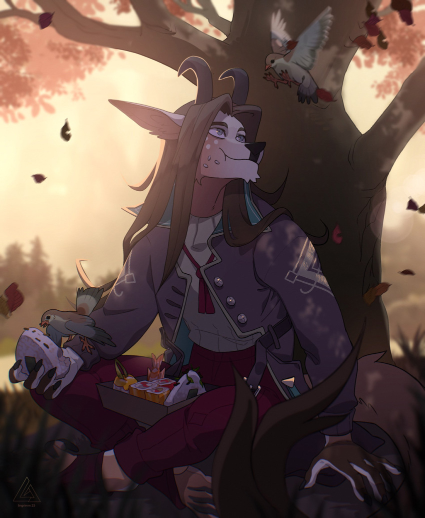 anthro avian biped bird black_nose blue_eyes brown_body brown_fur brown_hair claws clothed clothing colored detailed_background ears_up eating food fur hair hi_res horn leaf light lighting lingrimm long_hair long_tail looking_up male mammal nails plant rice sahash signature sitting solo sushi tail tree