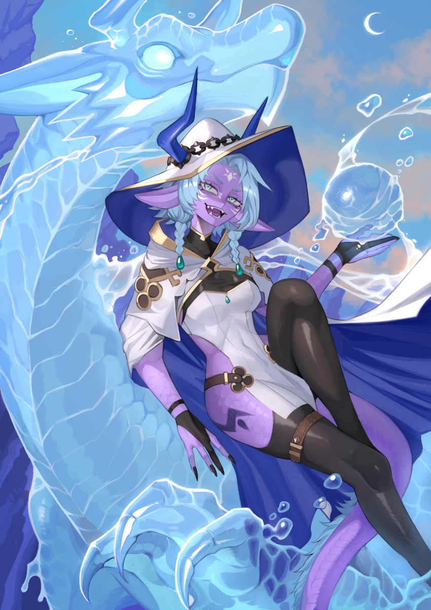 1girl absurdres black_nails blue_background blue_cape blue_eyes blue_hair blue_horns blue_sky braid breasts cape colored_skin commission crescent_moon dragon dragon_girl dragon_horns dragon_riding dragon_tail fangs fingernails foot_out_of_frame gloves hand_up highres hood hood_down hooded_cape horns long_hair looking_at_viewer medium_breasts moon open_mouth orb original partially_fingerless_gloves pelvic_curtain pointy_ears purple_scales purple_skin scales sharp_fingernails sitting skeb_commission sky solo sumosamo tail thighhighs twin_braids two-sided_cape two-sided_fabric water water_dragon white_cape white_headwear