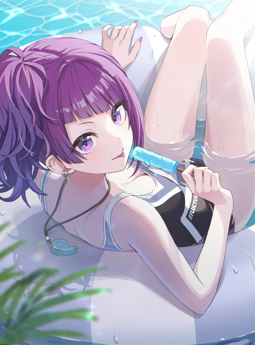 1girl absurdres asymmetrical_bangs black_one-piece_swimsuit breasts cleavage commentary competition_swimsuit day diagonal_bangs ear_piercing earrings food highres holding holding_food holding_ice_cream ice_cream idolmaster idolmaster_shiny_colors jewelry legs light_blush looking_at_viewer medium_breasts medium_hair momomoi_momoi on_innertube one-piece_swimsuit outdoors partially_submerged piercing plant popsicle purple_eyes purple_hair purple_nails shadow side_ponytail solo sunlight swimsuit tanaka_mamimi thighs tongue tongue_out water wavy_hair wet whistle whistle_around_neck white_inner