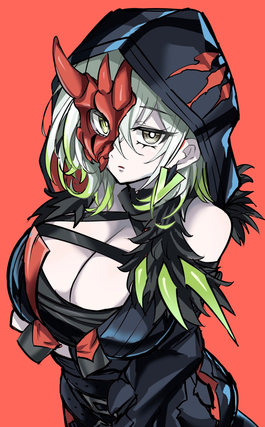 1girl breasts cleavage cowboy_shot detached_sleeves diabellestarr_the_dark_witch dress duel_monster green_eyes green_hair half_mask highres hood hood_up large_breasts mask multicolored_hair pale_skin red_background red_mask solo synchroman yu-gi-oh!