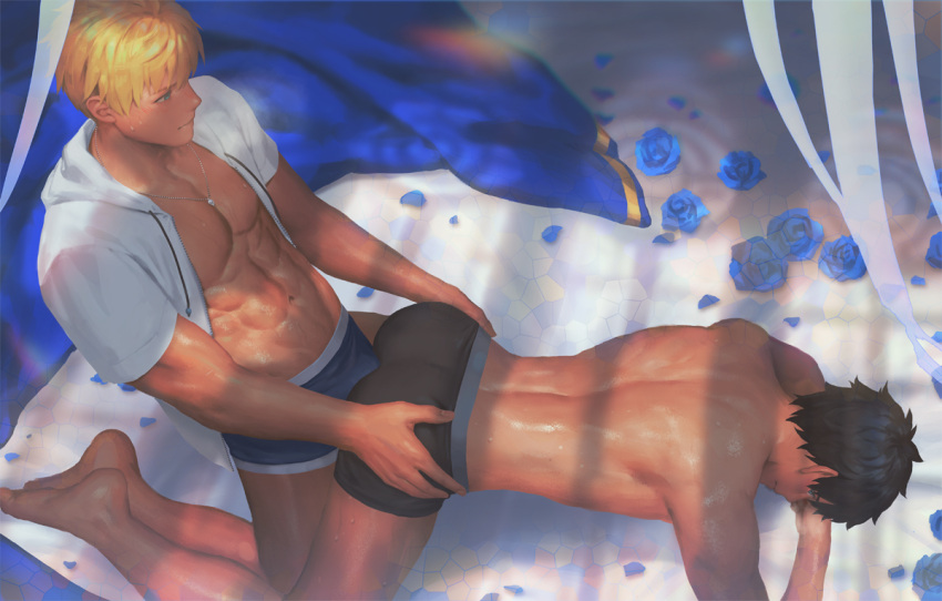 2boys abs arthur_pendragon_(fate) ass bara black_hair black_male_underwear blonde_hair blue_eyes blue_flower blue_male_underwear blue_rose bulge bulge_to_ass closed_mouth erection erection_under_clothes fate/grand_order fate_(series) flower fujimaru_ritsuka_(male) hood hood_down hooded_shirt jewelry large_pectorals looking_at_another male_focus male_underwear multiple_boys muscular muscular_male navel necklace open_clothes open_shirt paid_reward_available pectorals penguin_frontier rose short_hair underwear yaoi