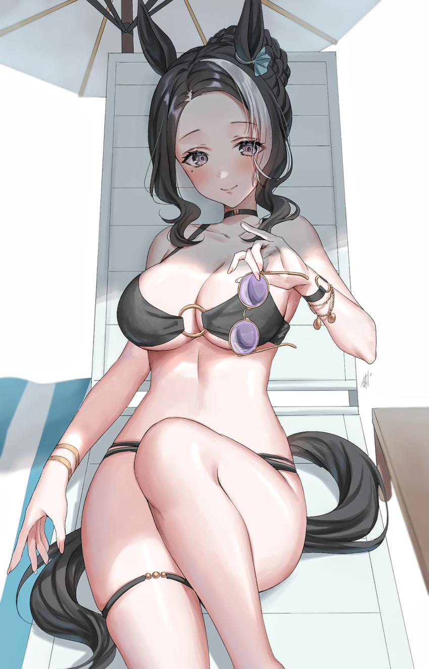 1girl alternate_costume animal_ears bikini blush breasts cleavage closed_mouth collarbone hair_bun highres horse_ears horse_girl large_breasts looking_at_viewer mejiro_ramonu_(umamusume) mole mole_under_eye oshage_(osyage921) parasol simple_background single_hair_bun sitting smile solo sunglasses swimsuit umamusume umbrella white_background