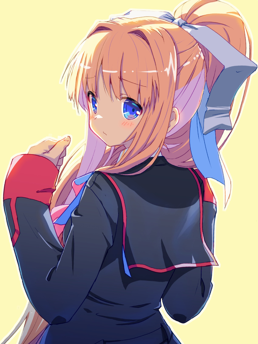 1girl air_(visual_novel) akayama_yukihe alternate_costume black_jacket blonde_hair blue_eyes blush bow closed_mouth commentary_request company_connection eyelashes eyes_visible_through_hair from_behind frown hair_between_eyes hair_intakes hair_over_shoulder hair_ribbon hand_up highres jacket kamio_misuzu key_(company) little_busters! little_busters!_school_uniform long_hair long_sleeves looking_at_viewer looking_back pink_bow ponytail ribbon school_uniform shy sidelocks simple_background solo upper_body very_long_hair white_ribbon yellow_background