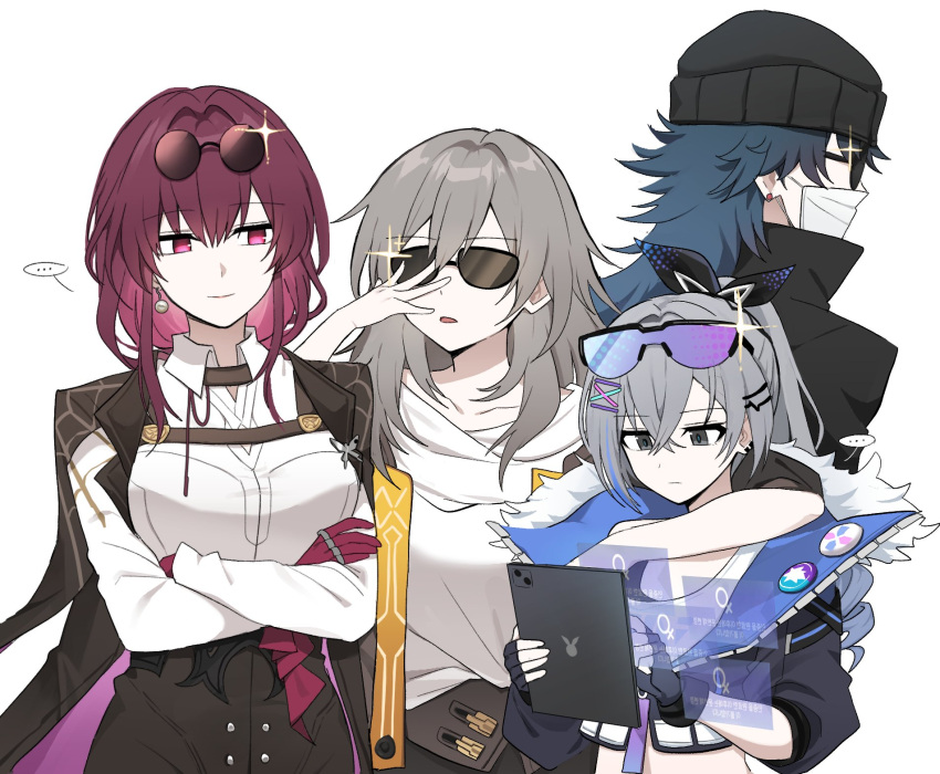 ... 1boy 3girls adjusting_eyewear arm_on_shoulder black_cape black_coat black_eyes black_gloves black_headwear blade_(honkai:_star_rail) blue_hair cape coat collared_shirt commentary crossed_arms crossed_bangs earrings eyewear_on_head fingerless_gloves gloves grey_hair hair_between_eyes hair_ribbon highres holding holding_tablet_pc honkai:_star_rail honkai_(series) jewelry kafka_(honkai:_star_rail) knit_hat lix_(iroiro3843) long_hair long_sleeves looking_down looking_to_the_side midriff multiple_girls open_mouth ponytail purple_eyes purple_gloves purple_hair ribbon shirt silver_wolf_(honkai:_star_rail) simple_background smile sparkle spoken_ellipsis stelle_(honkai:_star_rail) sunglasses tablet_pc trailblazer_(honkai:_star_rail) white_background white_mask white_shirt