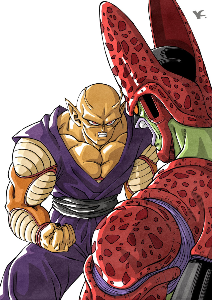 2boys alien antennae bald character_request clenched_hand clenched_teeth colored_skin dragon_ball highres jumpsuit kakeru_(dbskakeru) multiple_boys open_mouth pointy_ears purple_jumpsuit red_eyes simple_background sleeveless teeth toriyama_akira_(style) white_background yellow_skin