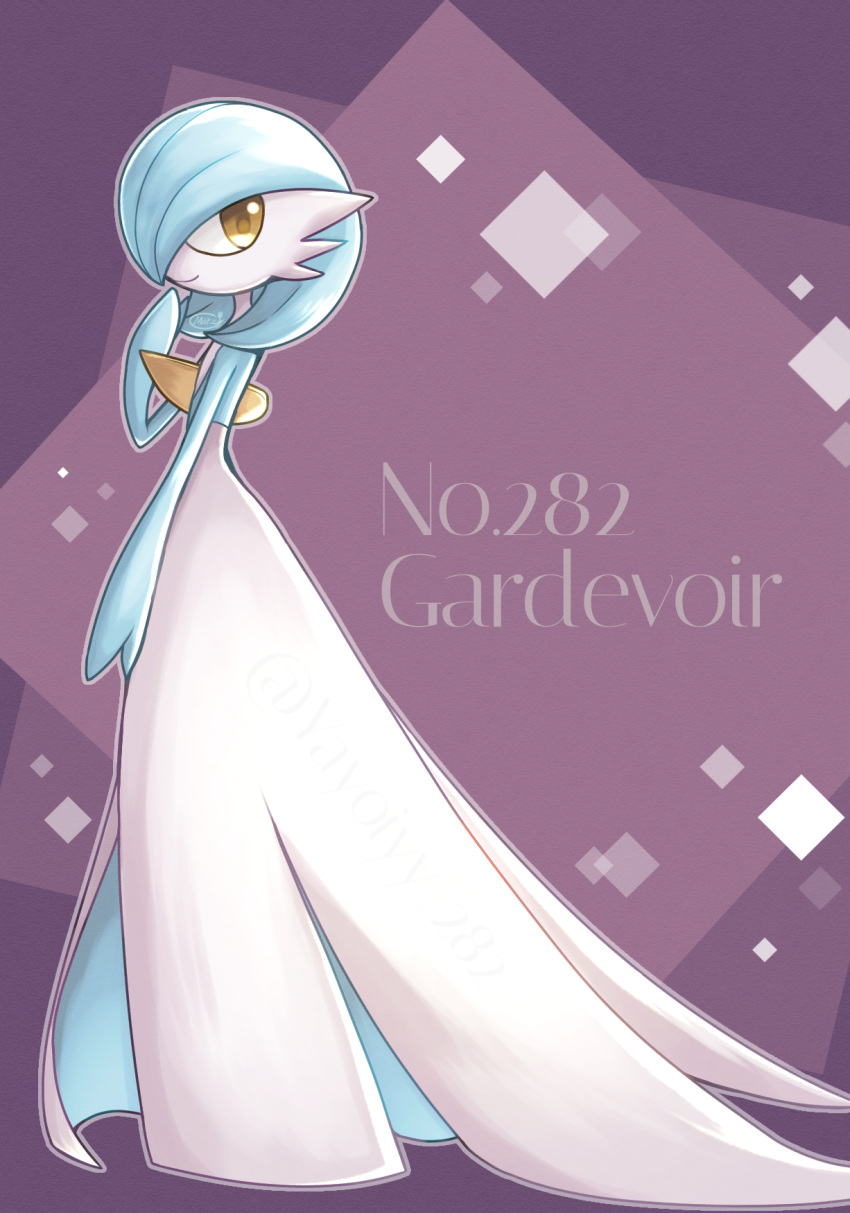 2022 ambiguous_gender biped blue_body blue_hair chest_spike digital_media_(artwork) digital_painting_(artwork) english_text fingers gardevoir generation_3_pokemon hair hi_res humanoid looking_at_viewer marz_(artist) nintendo not_furry pokemon pokemon_(species) pseudo_clothing purple_background shaded shiny_pokemon side_view signature simple_background smile solo spikes spikes_(anatomy) text white_body yellow_eyes yellow_spikes