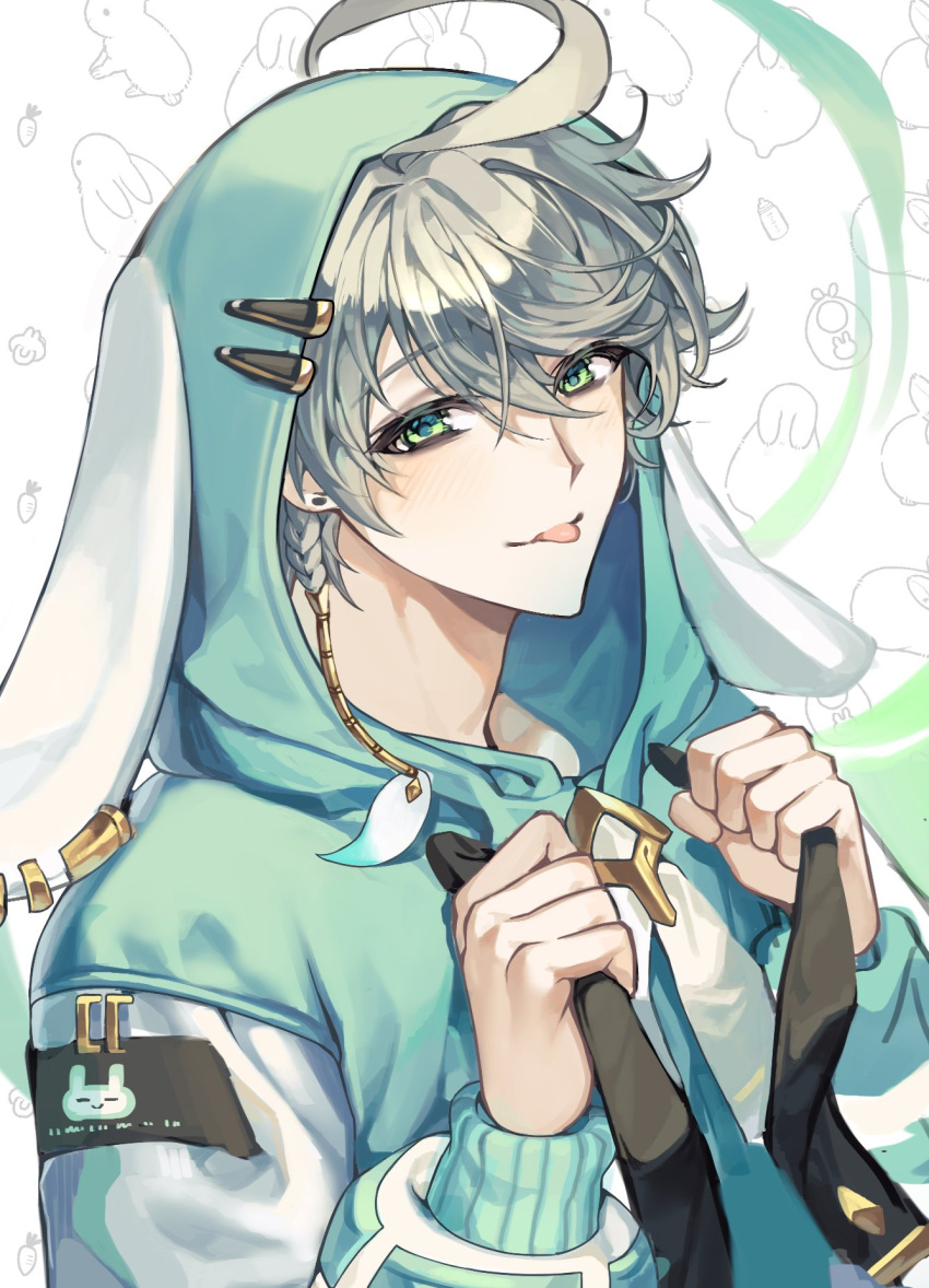 1boy ahoge ainchase_ishmael animal_ears animal_hood earrings elsword fake_animal_ears ged_s green_eyes green_hoodie grey_background grey_hair highres hood hood_up hoodie jewelry long_sleeves male_focus rabbit_background rabbit_ears short_hair solo stud_earrings tongue tongue_out