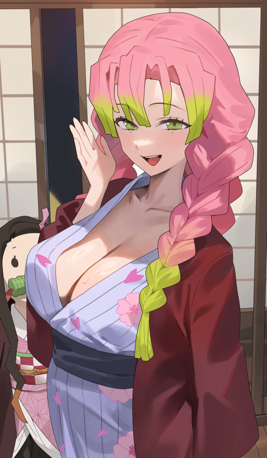 2girls braid breasts cleavage collarbone floral_print gradient_hair green_eyes green_hair hand_up highres hood_(james_x) japanese_clothes kamado_nezuko kanroji_mitsuri kimetsu_no_yaiba kimono large_breasts long_hair long_sleeves looking_at_viewer mole mole_under_eye multicolored_hair multiple_girls open_mouth pink_hair purple_kimono smile twin_braids