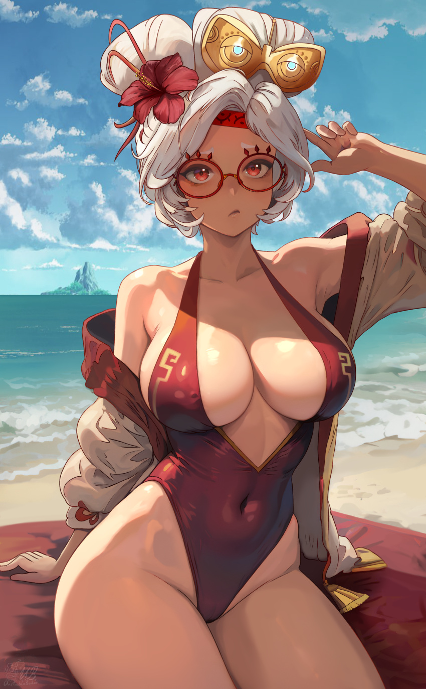 1girl absurdres arm_up beach blue_sky breasts closed_mouth cloud covered_navel curvy day eyeshadow flower glasses goggles goggles_on_head groin hair_flower hair_ornament highres large_breasts makeup ocean off_shoulder one-piece_swimsuit outdoors purah red-framed_eyewear red_eyes red_eyeshadow red_flower red_one-piece_swimsuit round_eyewear short_hair sky solo swimsuit the_legend_of_zelda the_legend_of_zelda:_tears_of_the_kingdom unstableboiler white_hair wide_hips