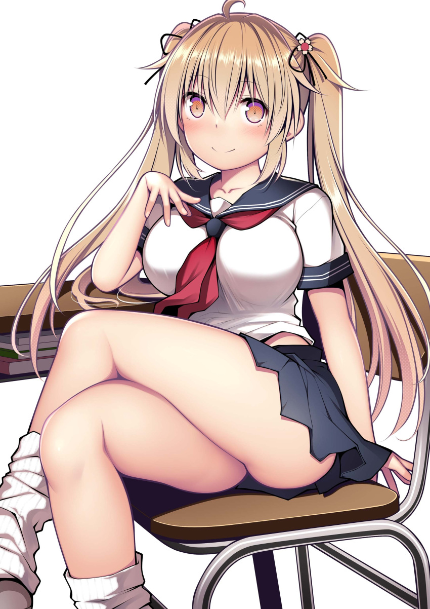 1girl absurdres black_ribbon black_sailor_collar black_skirt blush book breasts brown_eyes chair closed_mouth collarbone desk hair_between_eyes hair_ribbon highres kantai_collection kuromayu large_breasts leg_warmers light_brown_hair long_hair looking_at_viewer murasame_(kancolle) neckerchief pleated_skirt red_neckerchief ribbon sailor_collar school_chair school_desk school_uniform serafuku short_sleeves simple_background sitting skirt smile solo twintails white_background